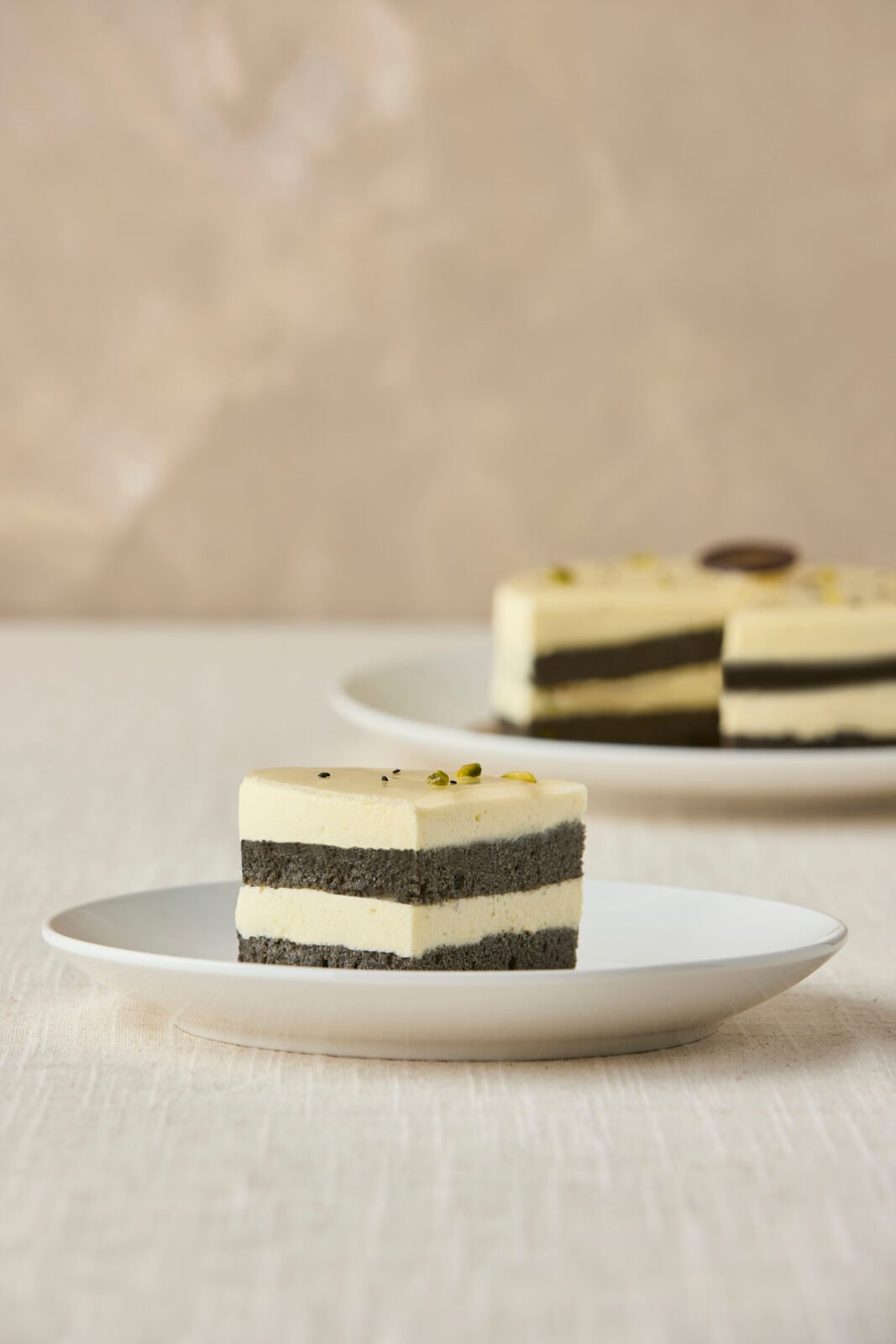 Slice of layered cake on a plate